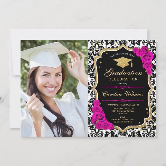 Invitation Graduation Party avec photo - Hot Rose Gold Noir (Devant)