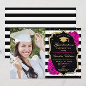 Invitation Graduation Party avec photo - Hot Rose Gold Noir (Devant / Derrière)