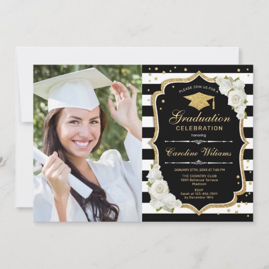 Invitation Graduation Party avec photo - Noir Or Blanc (Devant)