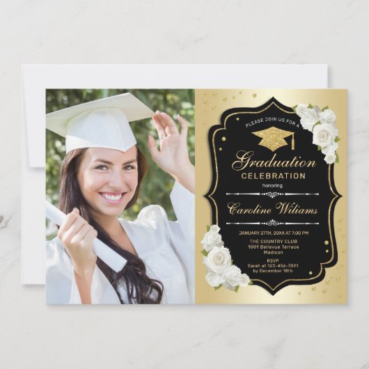 Invitation Graduation Party avec photo - Noir Or Blanc (Devant)