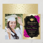 Invitation Graduation Party avec photo - Noir Or Hot Rose (Devant / Derrière)