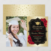 Invitation Graduation Party avec photo - Noir Or Rouge (Devant / Derrière)