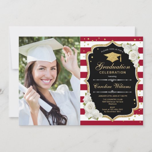Invitation Graduation Party avec photo - Noir Or Rouge (Devant)