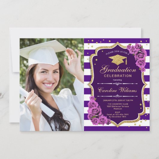 Invitation Graduation Party avec photo - Purple Gold (Devant)