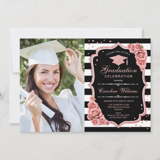 Invitation Graduation Party avec photo - Rose Gold Black (Devant)
