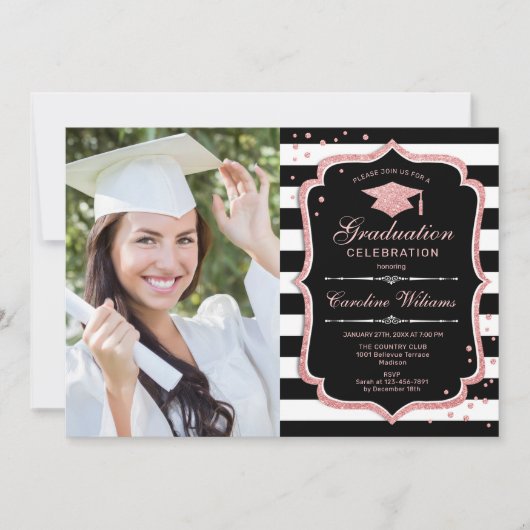 Invitation Graduation Party avec photo - Rose Gold Black (Devant)