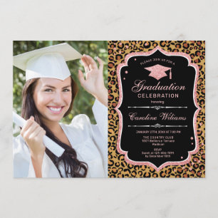 Invitation Graduation Party avec photo - Rose Gold Leopard