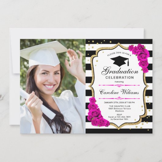 Invitation Graduation Party avec photo - Rose or Blanc (Devant)