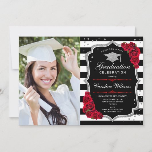 Invitation Graduation Party avec photo - Rouge Argent Noir (Devant)