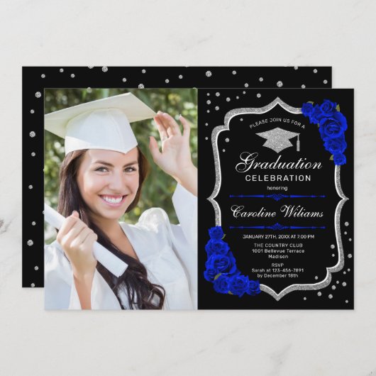 Invitation Graduation Party avec photo - Royal Blue Silver (Devant / Derrière)