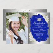Invitation Graduation Party avec photo - Silver Royal Blue (Devant / Derrière)