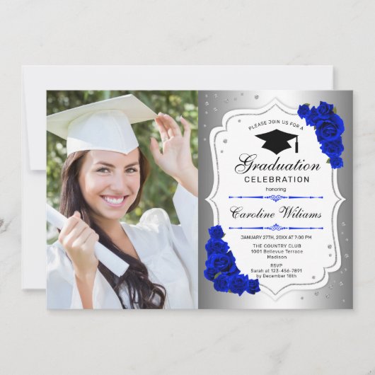 Invitation Graduation Party avec photo - Silver Royal Blue (Devant)