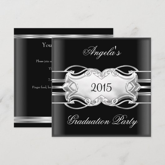 Invitation Graduation Party Black White Silver Jewel Elegant (Devant / Derrière)