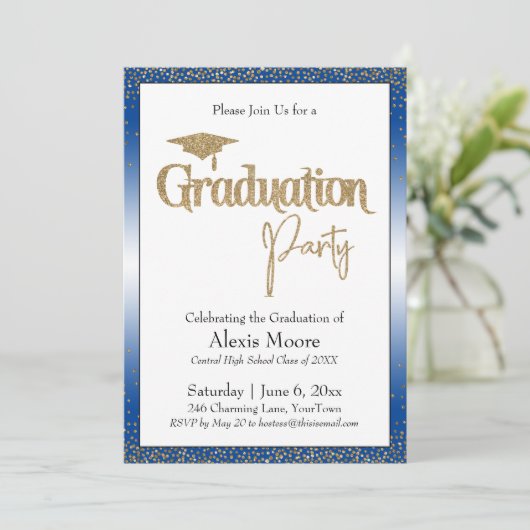 Invitation Graduation Party Blue Ombre Gold Confetti (Debout devant)