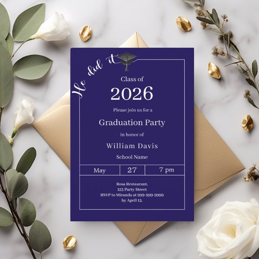 Invitation Graduation party blue white He did it