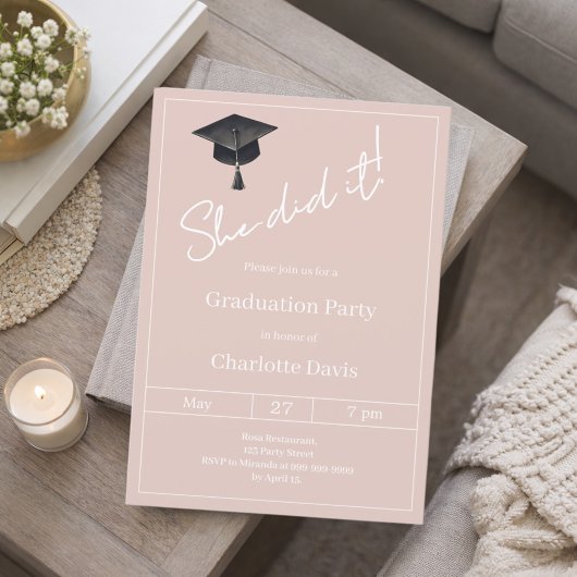 Invitation Graduation party blush pink neutral She did it