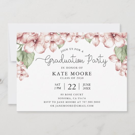 Invitation Graduation Party Blush rose floral botanique (Devant)