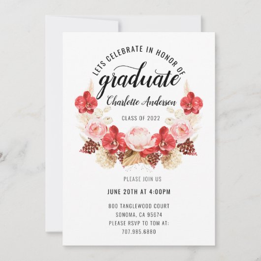 Invitation Graduation Party Blush rose rouge Aquarelle Floral (Devant)