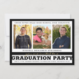 Invitation Graduation Party Bold Stripes 4 Photo Black White