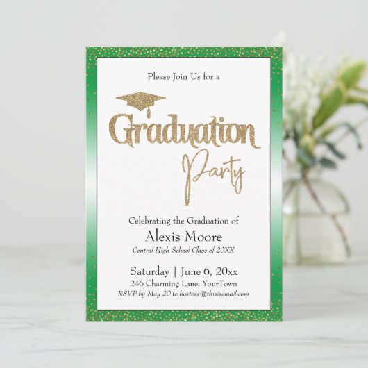 Invitation Graduation Party Bright Green Ombre Gold Confetti (Debout devant)