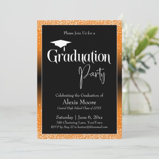Invitation Graduation Party Bright Orange Ombre Confetti (Debout devant)