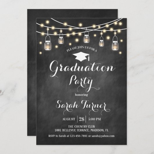 Invitation Graduation Party - Chalkboard noir blanc (Devant / Derrière)