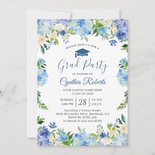 Invitation Graduation Party Chic Blue Hydrangeas Floral (Devant)