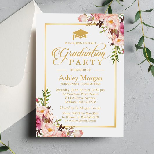 Invitation Graduation Party Chic Floral Golden Frame