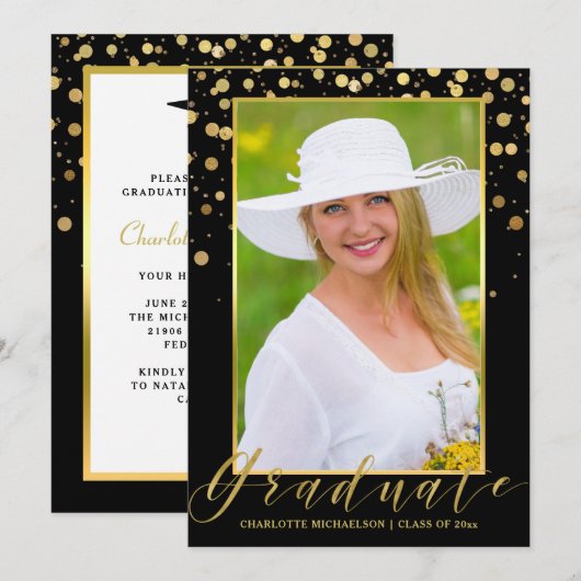 Invitation Graduation Party Elegant Black Photo Gold Confetti (Devant / Derrière)