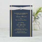 Invitation Graduation Party Elégant Marine Bleu & Gold Stripe (Debout devant)
