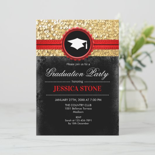 Invitation Graduation Party - Gold Black Red (Debout devant)
