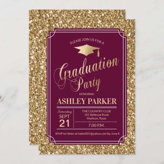 Invitation Graduation Party - Gold Burgundy (Devant / Derrière)