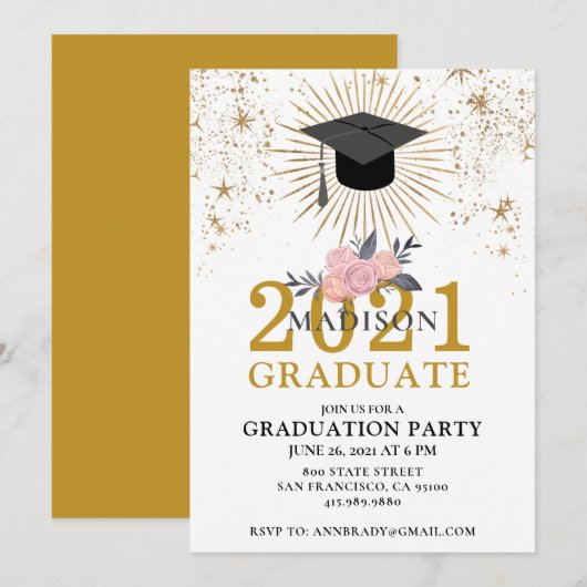 Invitation Graduation Party Gold Classe de 2021 Rose Blanc (Devant / Derrière)