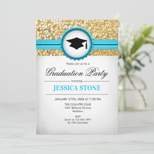 Invitation Graduation Party - Gold Turquoise Blanc (Debout devant)