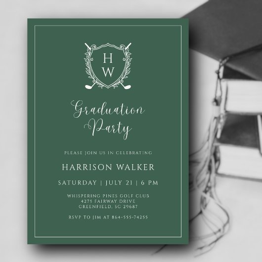 Invitation Graduation Party Golf Crest Elegant Script Sage