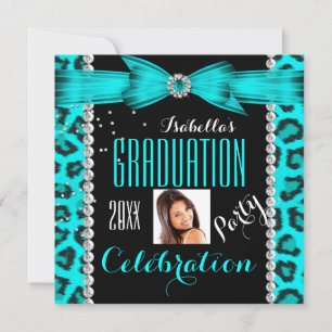 Invitation Graduation Party Grad Turquoise Blue Leopard Photo