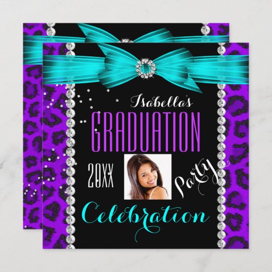 Invitation Graduation Party Grand violet Turquoise bleu léopa (Devant / Derrière)