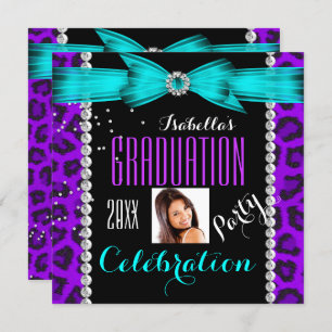 Invitation Graduation Party Grand violet Turquoise bleu léopa