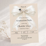 Invitation Graduation party ivory bow champagne 2026<br><div class="desc">Celebrate your achievement with this elegant ivory bow graduation invitation. The design features a large,  sophisticated satin ribbon adorned with delicate pearl strings and a subtle mortarboard icon. A champagne colored background.  It is the perfect choice for high school or college seniors looking for a feminine and chic announcement.</div>