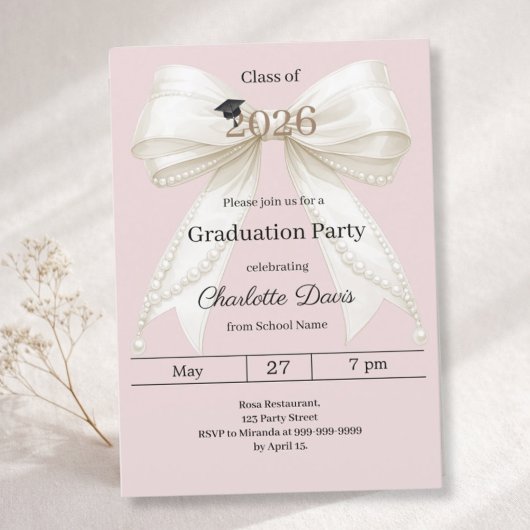 Invitation Graduation party ivory bow pink class of 2026