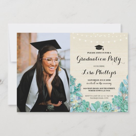Invitation Graduation Party Mint Succulents Floral Photo (Devant)