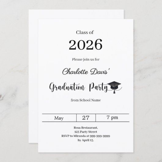 Invitation Graduation party modern class of 2026 (Devant / Derrière)
