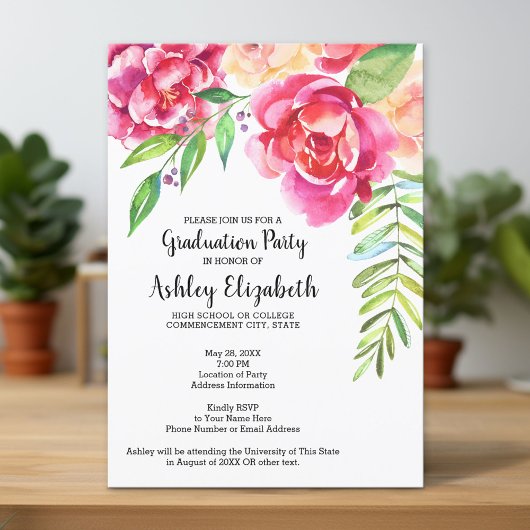 Invitation Graduation Party Moderne Aquarelle Florale