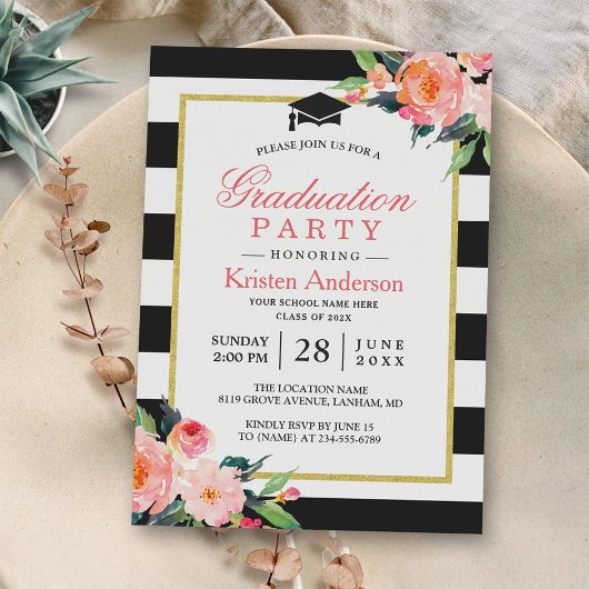 Invitation Graduation Party Moderne Floral Black Stripes