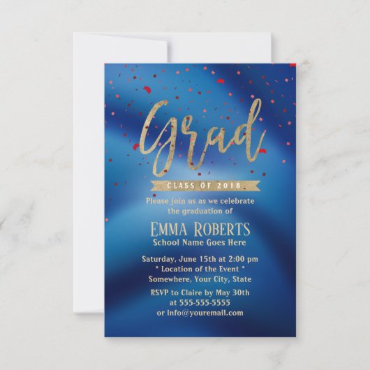 Invitation Graduation Party moderne Gold Script Marine Blue (Devant)
