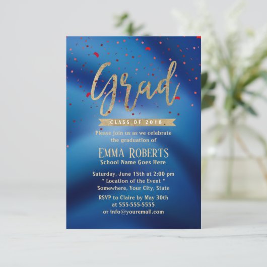 Invitation Graduation Party moderne Gold Script Marine Blue (Debout devant)