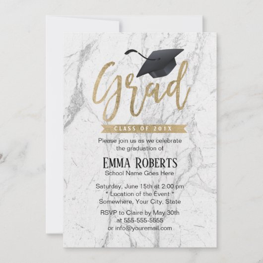 Invitation Graduation Party Moderne Marbre blanc Gold Script (Devant)