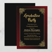 Invitation Graduation Party Noir Rouge avec cadre Or (Devant / Derrière)