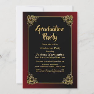 Invitation Graduation Party Noir Rouge avec cadre Or