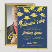 Invitation Graduation Party Photo Blue et Gold Mortarboards (Devant / Derrière)